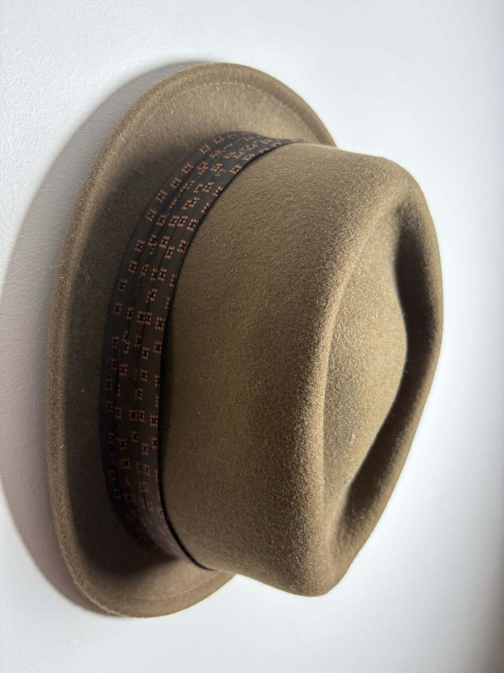 Brixton Stout Pork Pie Felt Hat in Olive Surplus with Bronze Patterned Band